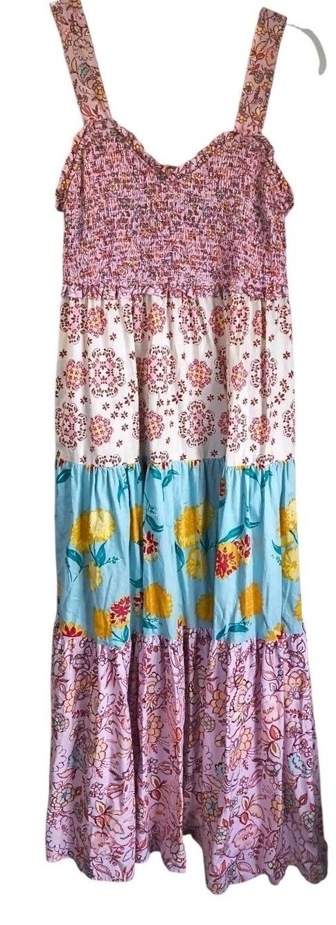Nanette Lepore Smocked Floral Maxi Dress Large Cottagecore Boho Prairie Beach